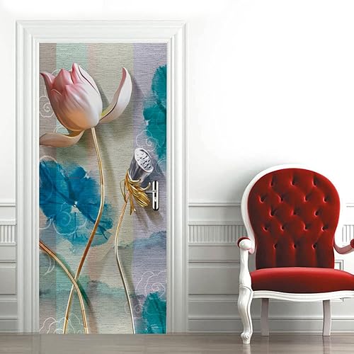 Stickers Porte Fleurs Bleues Dorées Autocollants de Décoration pour Porte Poster pour Porte PVC Stickers Porte Placard Amovible Poster Porte Imperméable Stickers de Porte Auto Adhésif 77x200cm - Nail Gallerys