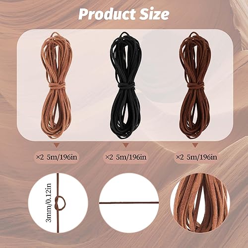 Piriuuo Lot de 6 rouleaux de cordon en cuir plat - 5 m x 3 mm - Pour bricolage, artisanat, porte-clés, bracelets, colliers, lacets, emballages cadeaux (kaki, marron, noir) - Nail Gallerys