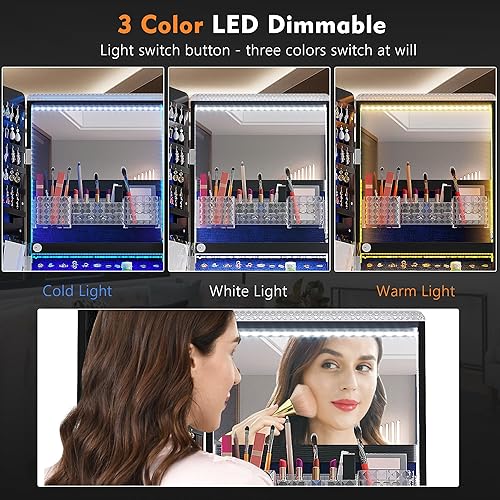 Lvifur Armoire à Bijoux avec Miroir, Miroir sur Pied avec Rangement Armoire Bijoux avec LED Miroir, Armoire de Maquillage Verrouillable Rotative à 360 Degrés avec Plusieurs Compartiments Noir - Nail Gallerys