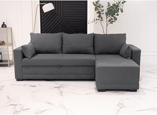BUDWING Leah Canapé-Lit d’Angle 4 Places – Chaise Longue Réversible et 2 Coussins Décoratifs – Revêtement en Polyester – Style Moderne – 233x124x69 cm – Gris Foncé - Nail Gallerys