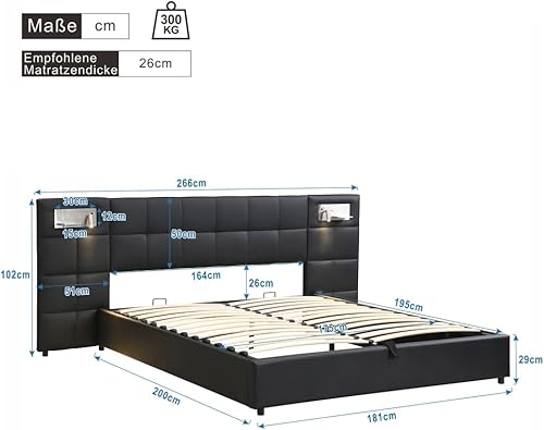 Zubaliya Lit 180x200 avec Sommier LED et LED et USB et Charge sans Fil, Lit Coffre 180x200 avec Rangement, Lit Double avec à Lattes Lit 2 Personnes, Lit Rembourré Cadre de Lit PU(sans Matelas) - Nail Gallerys