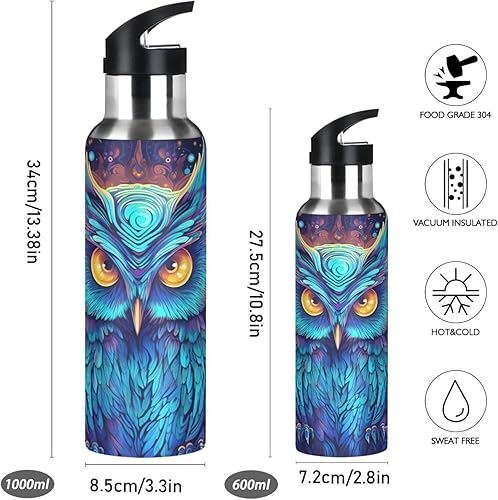 Fuauuyl Bouteille d'eau isotherme en acier inoxydable avec paille pour salle de sport, sport, plein air, motif hibou fluo (2) - 600 ml - Nail Gallerys