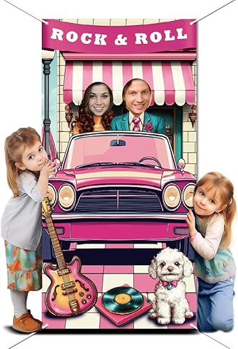 WADORN 50s Décorations de Fête Bannière de Porte, 50'S Thème Fête Rock and Roll Fond Photographie Toile de Fond 50s Rétro Voitures Visage dans Trou Accessoires pour 1950'S Fête 90x180cm - Nail Gallerys