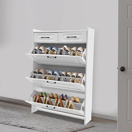 ACROSSPART Armoire à chaussures autoportante avec tiroirs - Meuble de couloir - Blanc brillant - Pour 16 à 20 paires - Nail Gallerys