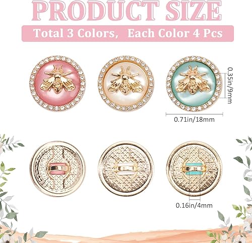 GORGECRAFT 12 Bouton en Métal Strass 3 Couleurs Bouton Rond Abeille 3D 18 mm Boutons Dorés avec Abeilles, Strass et Résine pour Blazer, Costumes, Manteau de Sport Attaches de Couture, Travaux Manuels - Nail Gallerys
