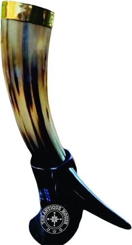 THE ANTIQUE HOUSE Corne à boire Viking en corne de bœuf avec support en corne et bord en laiton Cadeau de Noël/anniversaire/fête des pères - Nail Gallerys