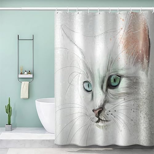 Rideau de Douche 120 x 180 cm Enfant Chat Animal Aquarelle Rideau de Douche Anti Moisissur Rideaux de Bain Imperméable Chat Blanc Rideau de Douche Lavable en Machine - Nail Gallerys