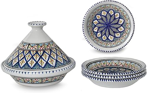 Ensemble Plat à Tajine et Assiettes Creuses, 5 pièces. Pour servir repas ou exposer comme objet décoratif - Artisanale - Nail Gallerys