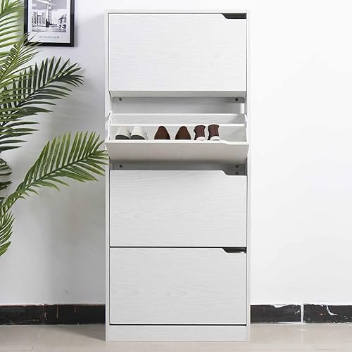 BAKAJI Meuble à chaussures en bois MDF avec 4 portes porte-chaussures à rabat, poignées rétractables, double profondeur, dimensions compactes, slim 63 x 24 x 150 cm, entrée maison (blanc frêné) - Nail Gallerys