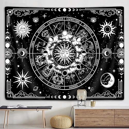 Tapisserie constellation astrologique du zodiaque, noir et blanc, soleil et phases de lune étoiles, tapisserie murale à suspendre pour chambre d'adolescents, garçons, filles, affiche sorcière, - Nail Gallerys