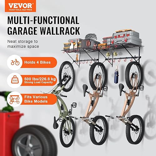 VEVOR Support de rangement pour vélo, 1600 mm, 4 porte-vélos avec 2 étagères, organisateur maison et de garage, charge 226,8 kg, support mural réglable personnalisable pour différentes tailles de vélo - Nail Gallerys