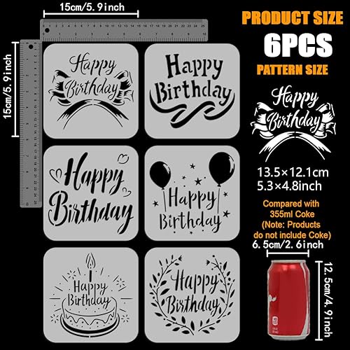 FINGERINSPIRE 6Pcs Pochoir de Texte « Joyeux Anniversaire » Avec 1 Pinceaux 15x15 cm pour Gâteau D'Anniversaire Ruban Décoratif Ballon Thème D'Anniversaire pour Cartes de Vœux Décoration DIY - Nail Gallerys
