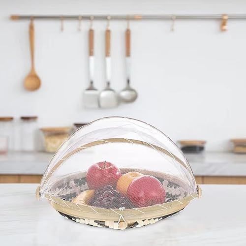 CAOLIN Panier à Fruits Tressé,Corbeille A Fruit Bambou Avec Gaze Grand Plateau Rond Moustiquaire Cloche Alimentaire de Pique-Nique Antipoussière Tissé La Main Corbeille En Osier - Nail Gallerys