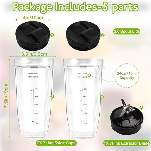 Lot de 2 tasses pour mixeur Ninja - Pièces de rechange de 700 ml - Compatibles avec les mélangeurs Nutri Auto IQ Series, 2 tasses de 700 ml, 1 lame et 2 couvercles à bec verseur - Nail Gallerys