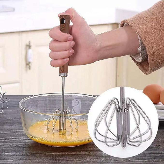 Kitchen Baking Whisk, Semi Automatic Whisk, Hand Push Rotating Egg Beater with Comfortable Handle for Frothing, Mixing, Home, Dorm, Apartment, 2.83x12.01 Inches, Wood Steel - Nail Gallerys