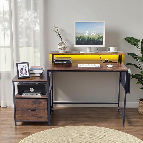 HOMYLIN Bureau d'ordinateur avec tiroir en Tissu et Support pour écran, 100 cm, Table d'étude, avec étagères de Rangement, Bureau de Jeu avec Prises et lumières LED, pour Les travaux d'étude, Marron - Nail Gallerys