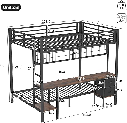 OOIILLEE lit Mezzanine 2 Places avec Bureau, Port USB, Bande LED 7 Couleurs, 2 tiroirs et étagères, lit superposé 90x200 et 140x200 en Métal avec Barriere, pour Enfants, Adolescents et Adultes, Nior - Nail Gallerys