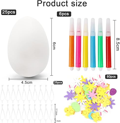 Wishstar 25 pcs Oeufs de Paques, Oeufs en Plastique Suspendus avec Corde，Peinture Oeuf de Paques，Livré avec 80 Autocollants de Pâques et 6 pinceaux colorés，Peinture de Bricolage de Paques - Nail Gallerys