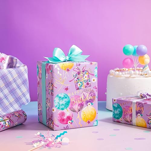 RUSPEPA Papier d'emballage d'anniversaire violet - Mini rouleau - 43,2 cm x 5 m - Papier d'emballage de joyeux anniversaire fantaisie violet en feuille d'or pour enfants filles femmes anniversaire - Nail Gallerys