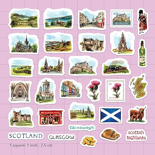 Navy Peony Stickers de voyage Spectacular Scotland (30 pièces) - Aquarelle, étanches, décalcomanies à thème écossais pour journaux, albums de souvenirs, gobelets - Nail Gallerys