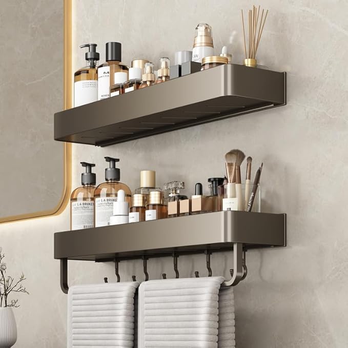 Etagere Douche en Acier Inoxydable - Etagere Salle de Bain Accessoire - Rangement Salle de Bain - Support pour Shampooing - Avec Porte-Serviettes, 5 Crochets (Gris) - Nail Gallerys