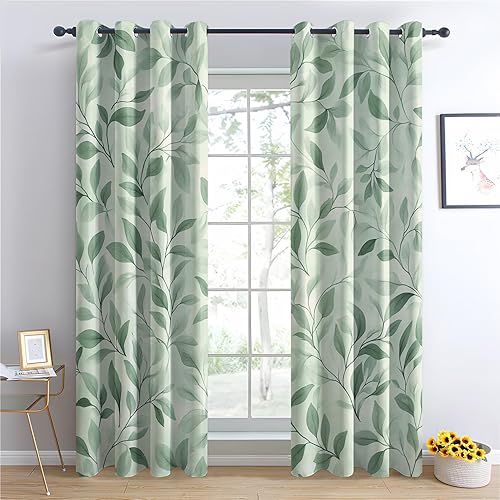 SZLYZM Rideaux Occultant Vert Sauge, Rideau Isolant Thermique pour Salon Chambre, Motif Feuille Verte, Lot de 2 Décoration de Fenêtre Opaque 140x160cm LxH, à Oeillets - Nail Gallerys