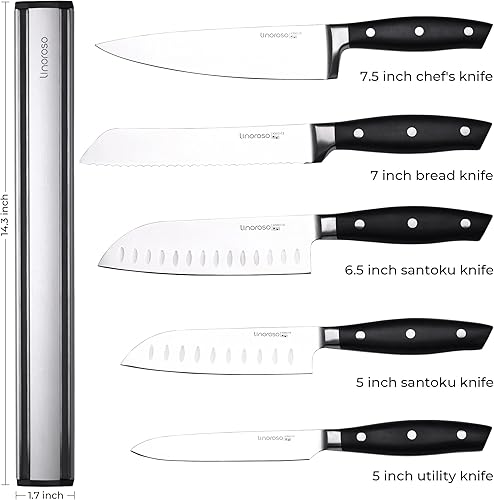 Linoroso Lot de 5 couteaux de cuisine avec support magnétique mural - Ensemble de couteaux de cuisine en acier inoxydable hautement allié : couteau de chef, couteau Santoku, couteau à pain, couteau - Nail Gallerys