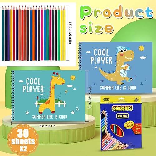 RNHDLY 2Pcs Carnet de Dessin A4 Cahier de Dessin Enfant, Sketchbook avec Reliure Spirale, 100 g/m² Cahier Dessin Enfant avec 24 Crayons de Couleur pour Dessin, Gribouiller, Écrire et Esquisser - Nail Gallerys