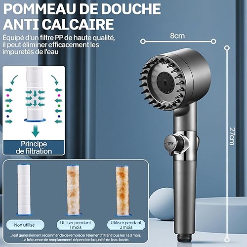 Pommeau de Douche Haute Pression Économique, Flexible PVC 1.8m, 4 Jets Réglables + Filtre Anti-Calcaire, Bouton Stop, Support Murale - Chrome' - Nail Gallerys