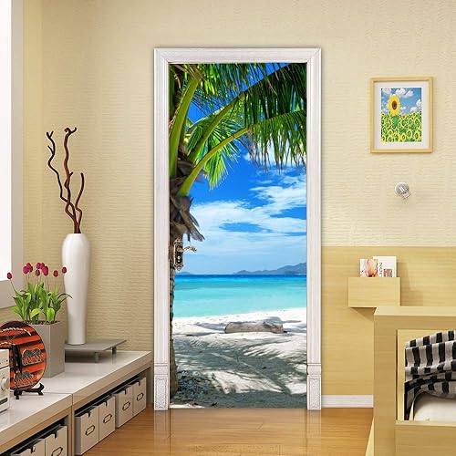 Sticker porte Trompe l'oeil Effect Papier Peint 3d pour Porte Photo Stickers Muraux Auto-adhésif Autocollants PVC Imperméable pour Chambre Salle de Bain Cuisine Décoration 63x205 cm Plage et Palmiers - Nail Gallerys