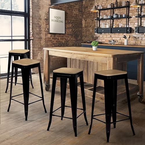 IDMarket - Lot de 4 tabourets de Bar Leny métal Noir Mat Assise Bois empilable Aspect Brut Factory - Nail Gallerys