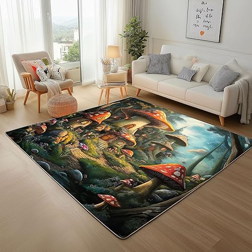 Sshjfeu Maison Aux Champignons Mignon Tapis Salon 80 x 150cm, Château Magical Fantaisie Tapis Doux Poils Courts Antidérapant Lavable pour Chambre Décoration Intérieur Garçons Filles Adolescents - Nail Gallerys