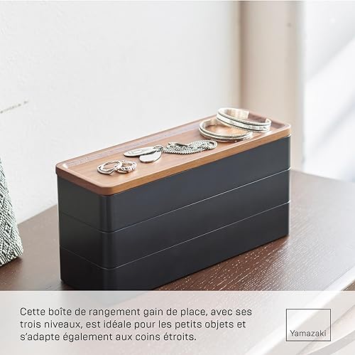 Yamazaki 5810 RIN 3~Tiered Slim Accessory Case with Lid, black, ABS Resin/Wood, 24 x 8 x 11.5 cm - Nail Gallerys
