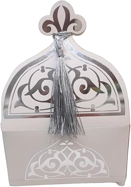 Dounia Mariage Boite Gâteau et Boite Dragée (lot de 25 Pièces) avec pompon (boite à gâteaux (lot de 25 pièces) Blanc/Dore) 373 - Nail Gallerys