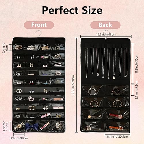 KUAOOAUK Hanging Organiseur de bijoux, 48 poches, grande armoire, porte-collier, support de bijoux double face avec anse en acier inoxydable pour boucles d'oreilles, bracelet, bagues, chaîne, sur le - Nail Gallerys