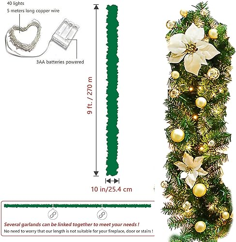 Guirlande Sapin Artificiel, 270cm Couronnes et Guirlandes de Noël Artificiel avec, Guirlande Sapin de Décorations de Noël, pour Chambre Porte Mur Fenêtre Escalier Cheminée (Gold) - Nail Gallerys