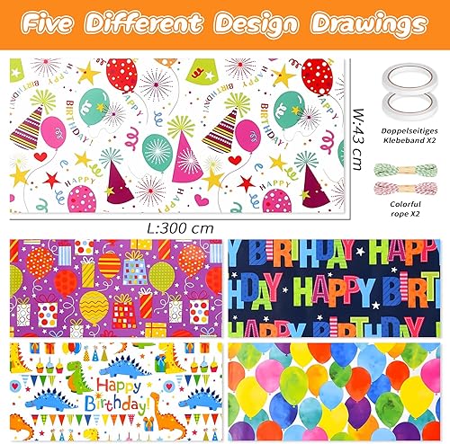 HOMIKLSA 5 Rouleaux Papier Cadeau Anniversaire Enfants (43cm x 300cm) avec Corde Chanvre & Ruban Adhésif Double Face, Emballage Cadeaux pour Fêtes d'Anniversaire - Nail Gallerys