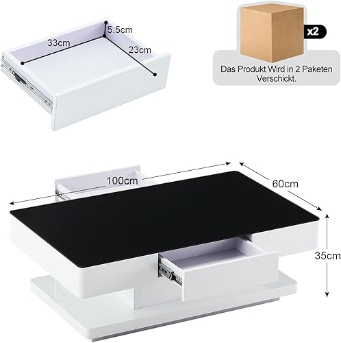 CLIPOP Table Basse Moderne Haute Brillance Table de Salon avec Plateau en Verre trempé Noir et 2 tiroirs de Rangement pour la Maison, Le Salon, Le Bureau - Nail Gallerys