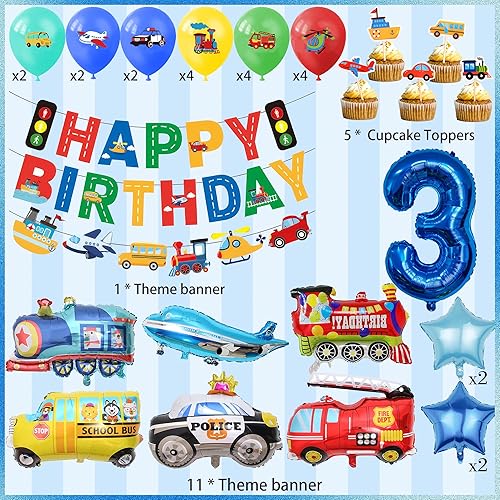 Lot de 31 décorations de 3e anniversaire de voiture pour garçon – Décoration de fête avec ballons en aluminium « Happy Birthday », train, avion, camion de pompiers, pour enfants de 3 ans - Nail Gallerys