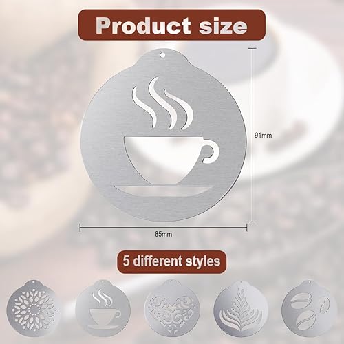 Aililong Lot de 5 pochoirs à café en acier inoxydable - Pochoirs pour cappuccino - Pochoirs de décoration en mousse de lait - Accessoires de café - Parfaits pour les modèles d'art DIY et plus encore - Nail Gallerys