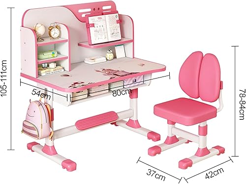 cukoekim Ensemble de chaises de bureau réglables pour enfants, table d'étude, bureau d'apprentissage à domicile avec chaise ergonomique avec motif dessin animé, bibliothèque et tiroir (rose) - Nail Gallerys