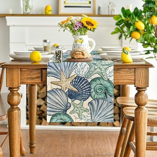 Artoid Mode Chemin de table, étoile de mer, océan, coquillages, corail, été, décoration saisonnière de table de cuisine, intérieur, décor de fête/vacances, 40 x 140 cm - Nail Gallerys