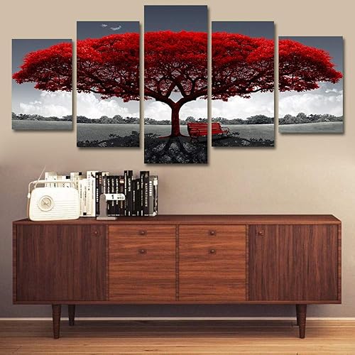 RDCHY Impression sur Toile - Tableau Multi Panneaux - Paysage d'arbre Rouge Tableau Peinture sur Toile Moderne pour Salon Appartement Chambre Décoration, 5 Pieces/sans Cadre - Nail Gallerys