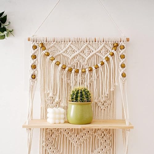 Tiamu 3 Étagère Flottante Murale Macramé Boheme Deco, Houppe Tissé Étagère Suspendue Corde pour Chambre à Coucher, Salle de Bain, Chambre d'enfant, Étagère Murale pour Pot de Fleurs - Nail Gallerys