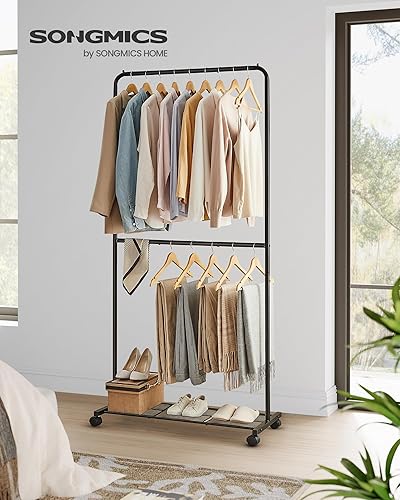 SONGMICS Portant à Vêtements en Métal, Porte-vêtements, Porte-manteau Longueur 91 cm, avec Étagère de Rangement et Roulettes, 2 Freins, Capacité de Charge de la Tringle 20 kg, Noir HSR027B01 - Nail Gallerys