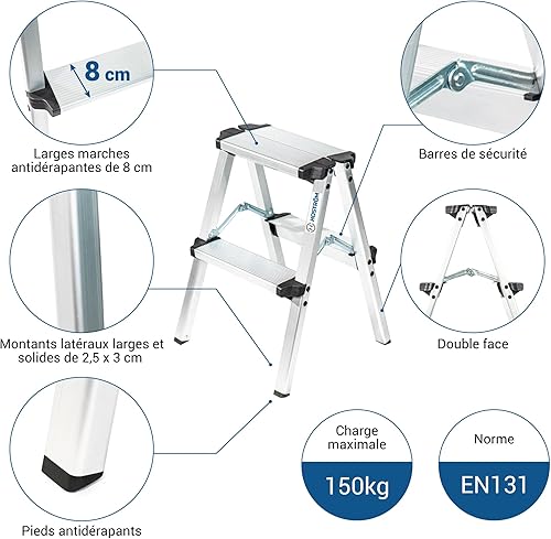 Escabeau marche pied 2 marches HOMILIX2, petit escabeau pliable, aluminium, design compact et robuste, H max travail 2,08m, 5 ans garantie, Hostrom - Nail Gallerys