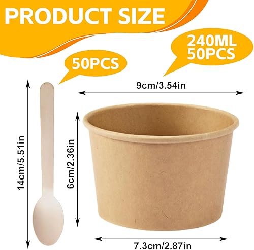 Lot de 50 coupes à glace, en carton, écologiques, universelles, 240 ml, avec 50 cuillères, en carton, compostables, marron, pour glace, dessert, amuse-bouches - Nail Gallerys