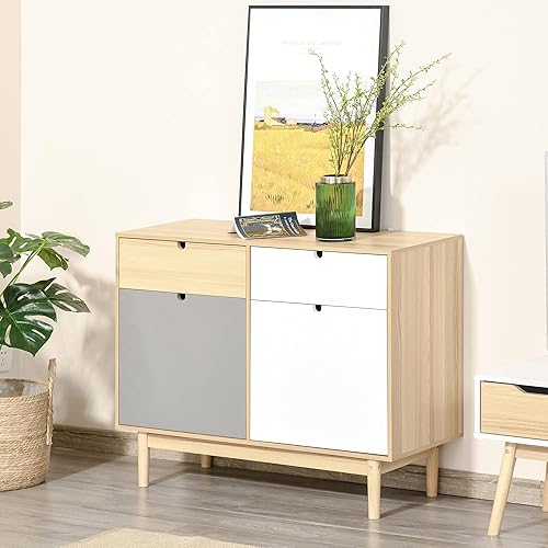 HOMCOM Buffet de Cuisine Commode de Chambre scandinave 2 placards tiroirs coulissants en Bois Multicolore Blanc Gris Clair - Nail Gallerys