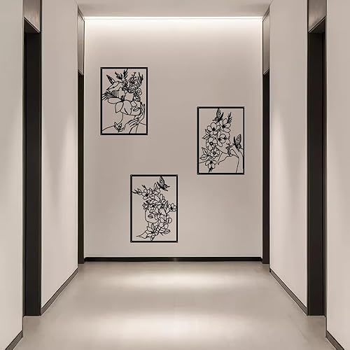 SenaiMy 3 Pièces Decoration Murale Metal Noir Minimaliste Décoration Murale en Fer Forgé Femme et Fleurs Moderne Art Esthétique Sculptures Murales pour Salon Chambre Couloir - Nail Gallerys