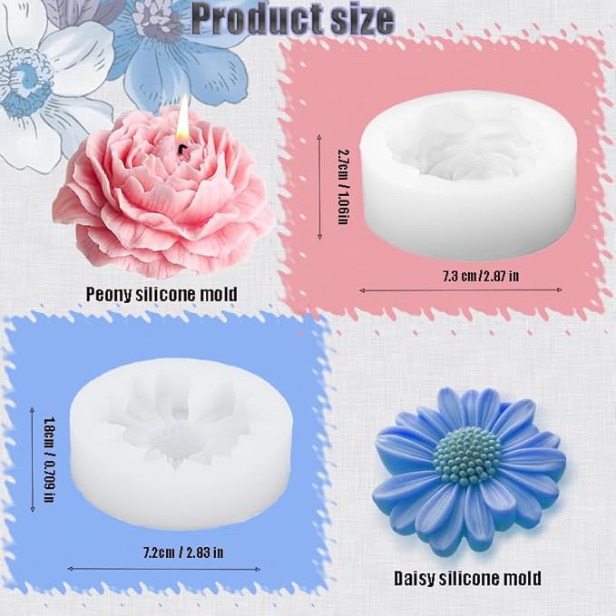 Moule Silicone Bougie Fleur 2 PCS, Moule Bougie Silicone 3D DIY, Moule en Silicone Pivoine Fleur, Moule en Silicone en Forme de Marguerite Pour Cire de Soja, Cire D'abeille, Aromathérapie, Savon - Nail Gallerys